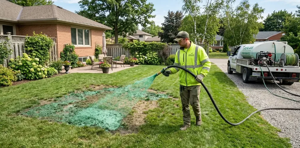 A guy hydroseeding a small patchy area on a domestic lawn