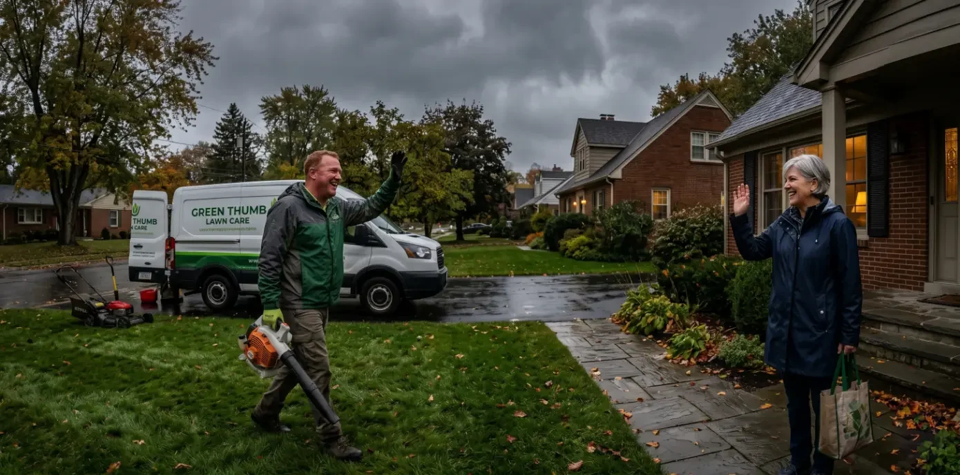 A happy lawn guy waving to a customer
