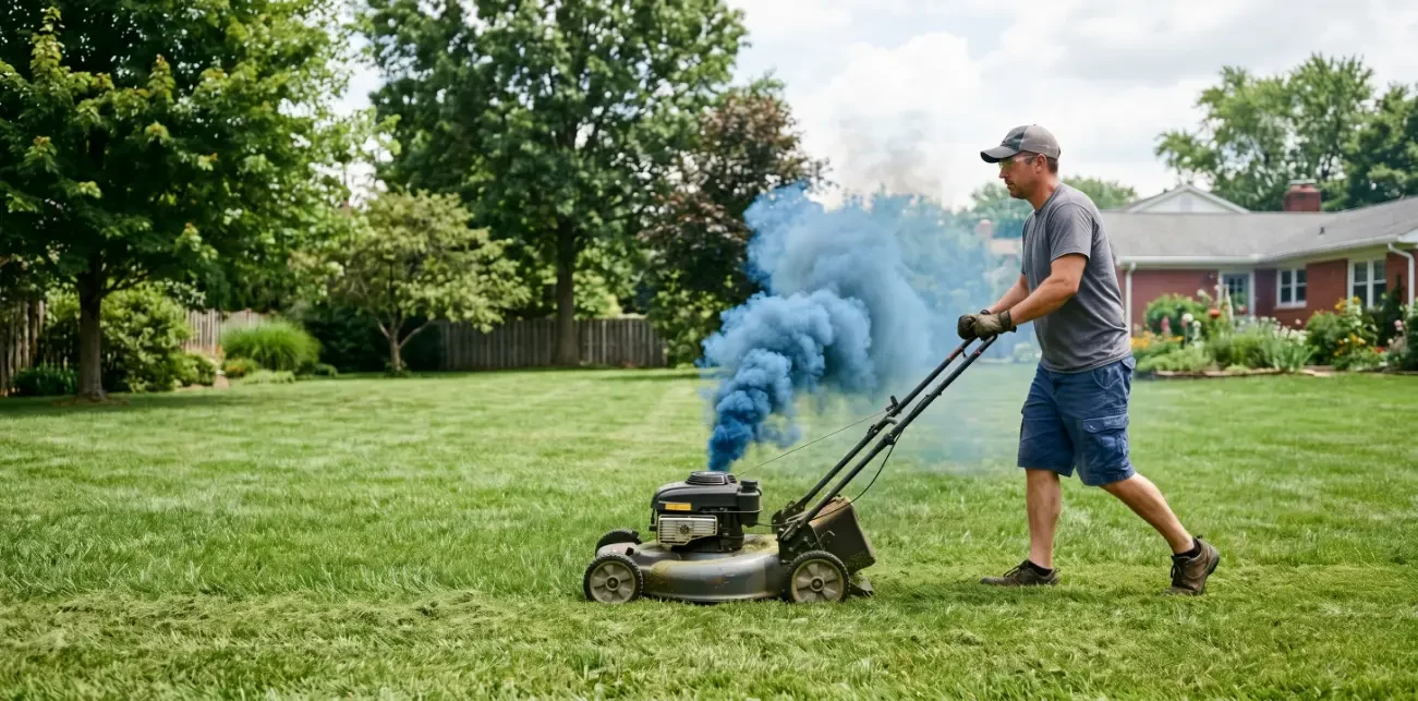 A lawn mower blowing blue smoke