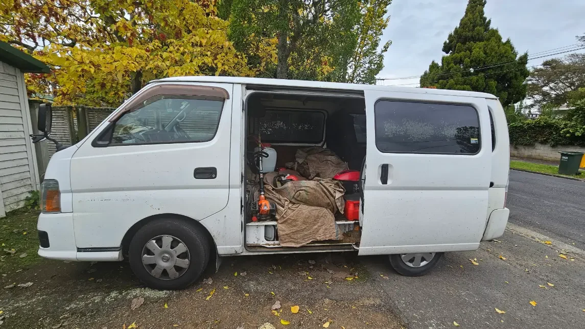 A lawn mowing van all tooled up