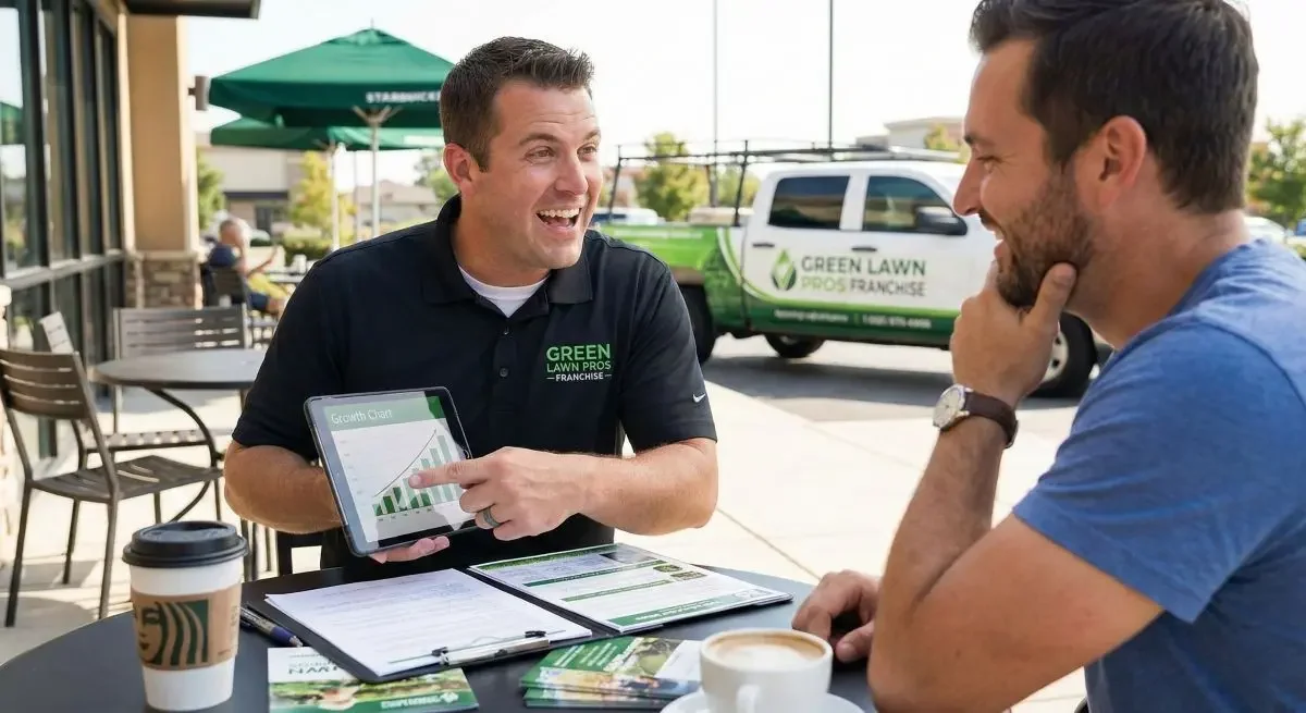 A man selling a lawn care franchise