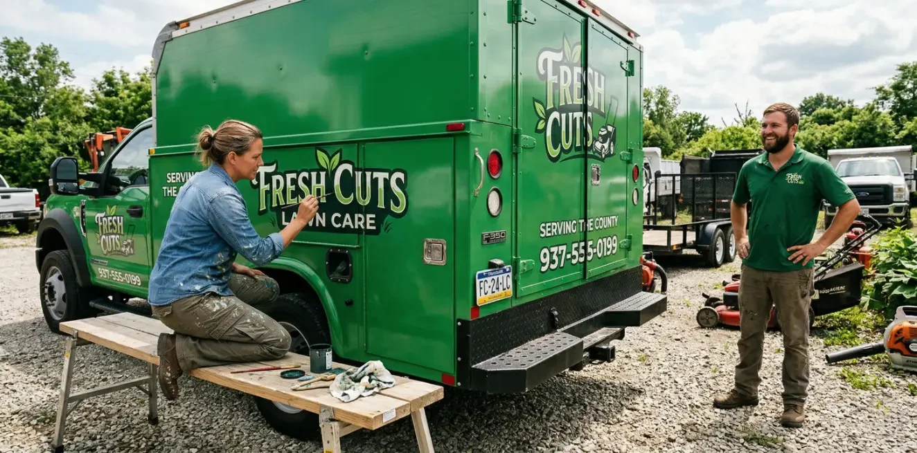 A signwriter doing a logo for a lawn care business