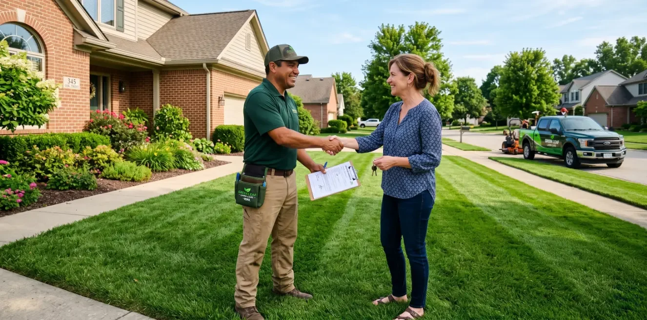 A lawn care guy shaking hands with a new customer to seal the deal.