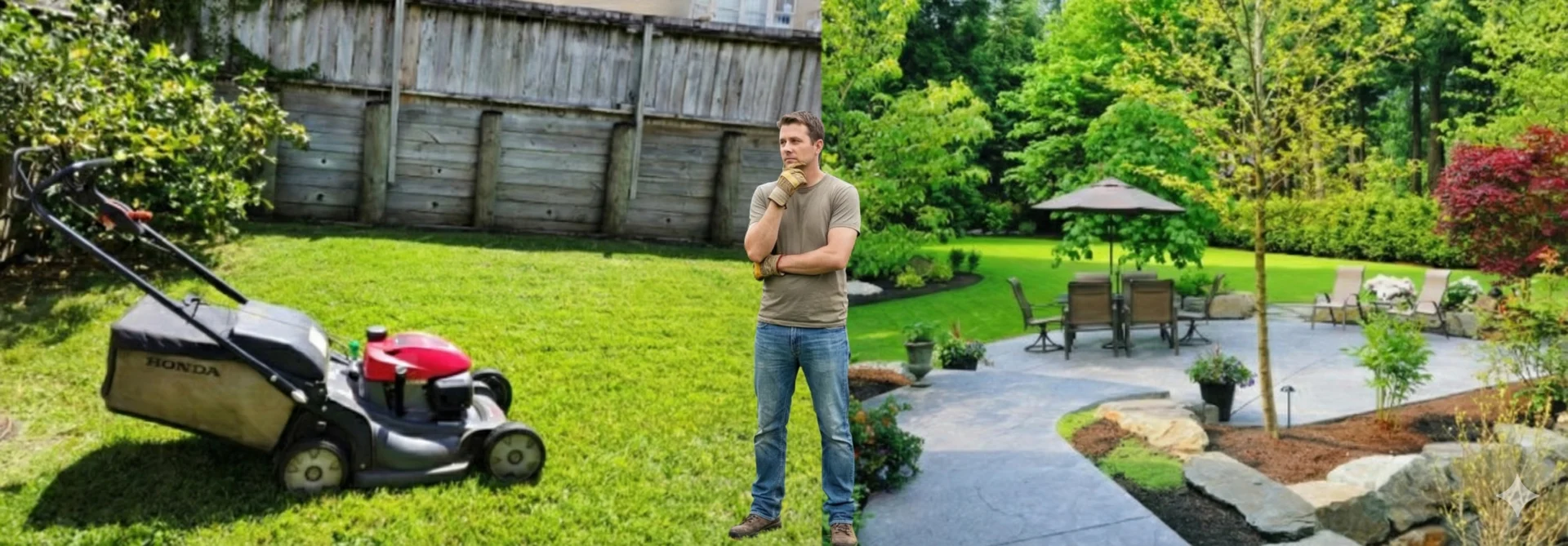 A man thinking about the difference between lawn care and landscaping