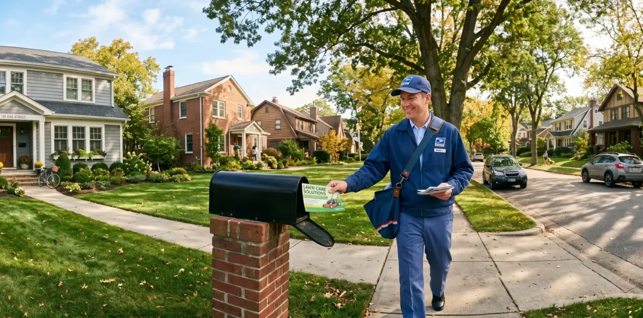 a postman delivering some lawn care postcards in a residential street