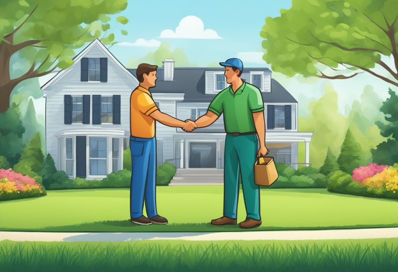 A lawn care operator and a customer making a handshake agreement
