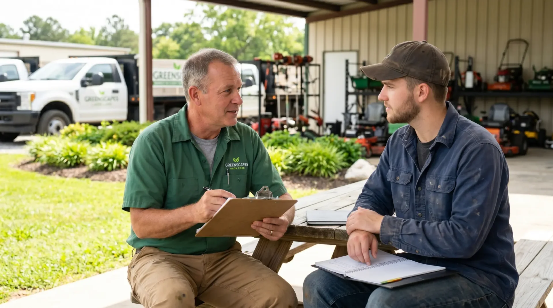 A lawn care business owner interviewing a new hire