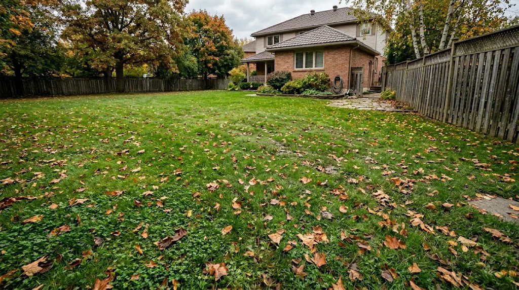 a domestic lawn with ruts in it