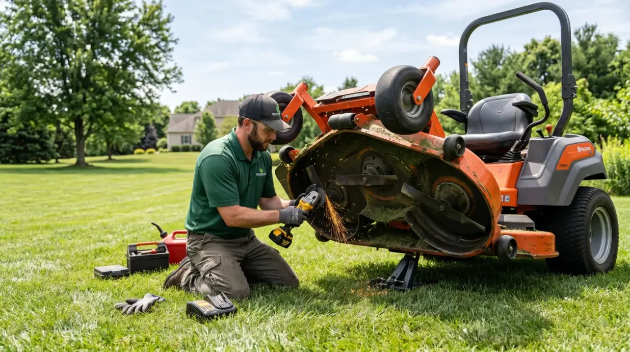 A lawn guy sharpeing blades on the job