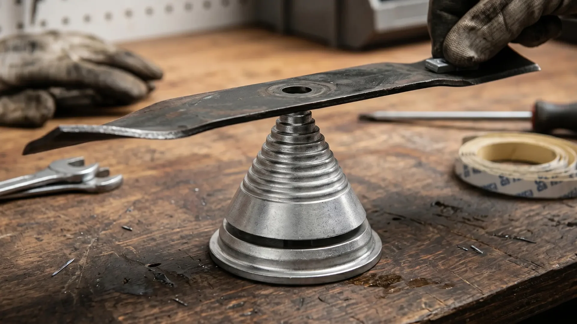A lawnmower blade on a balancing tool