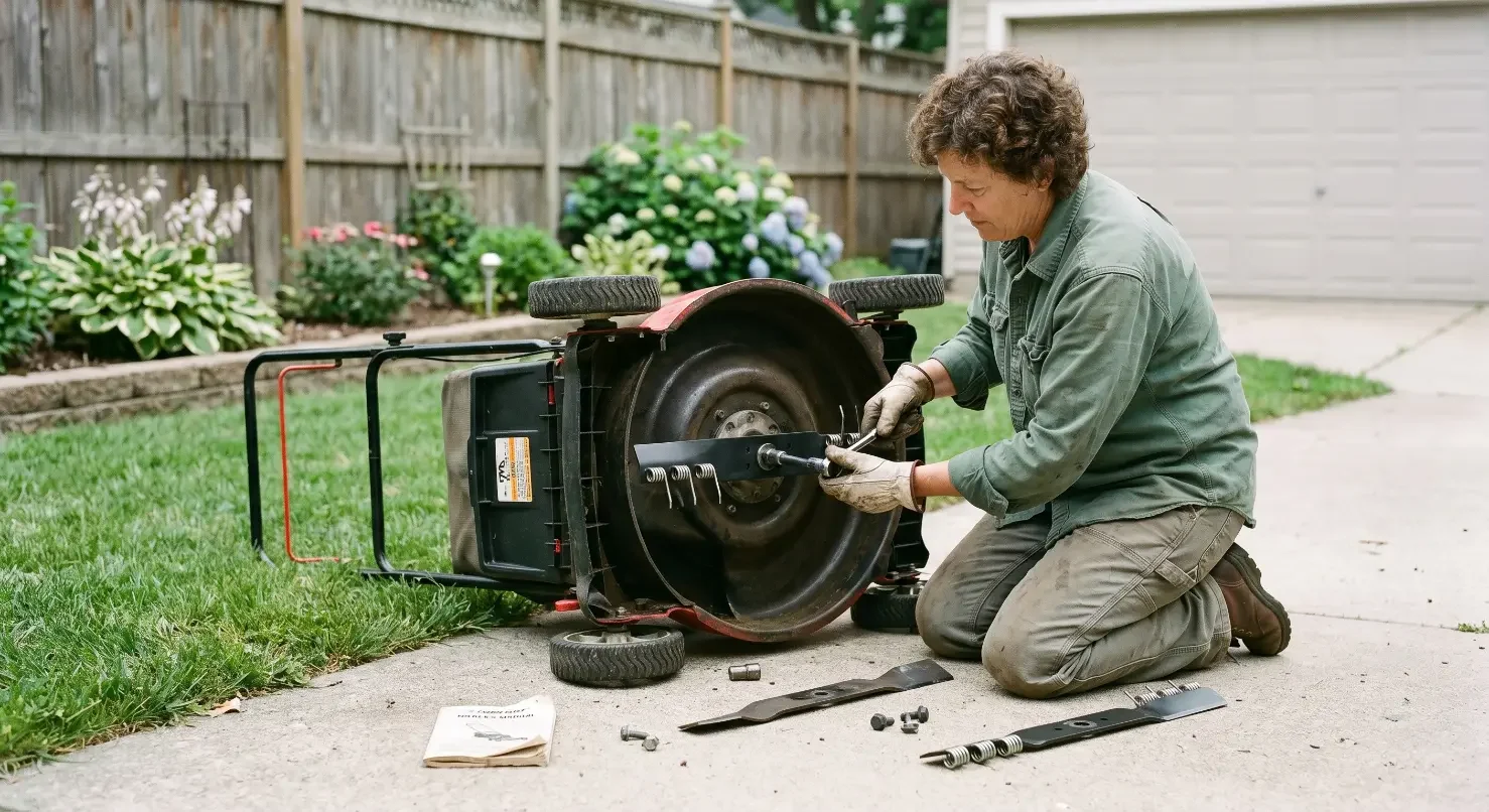 Someone attaching a dethatching blade to a lawn mower