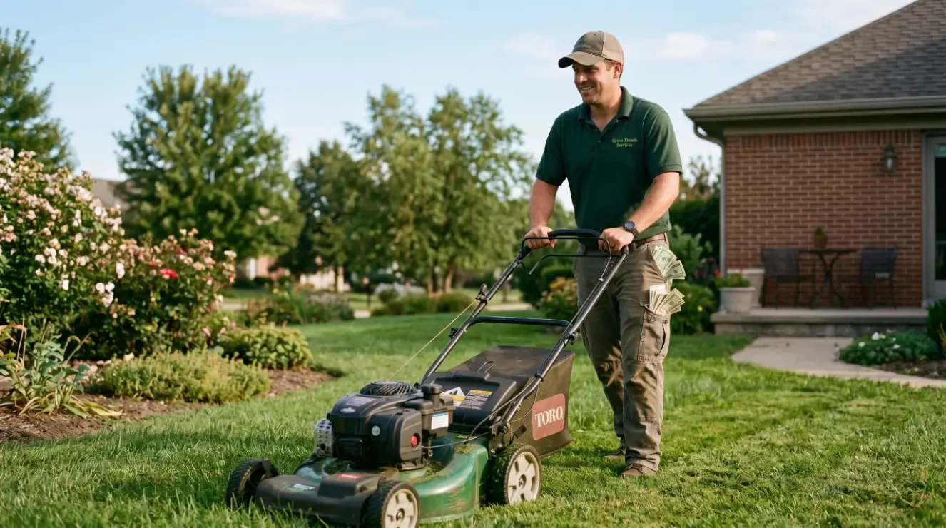a lawn guy with a pocket full of money mowing a small lawn