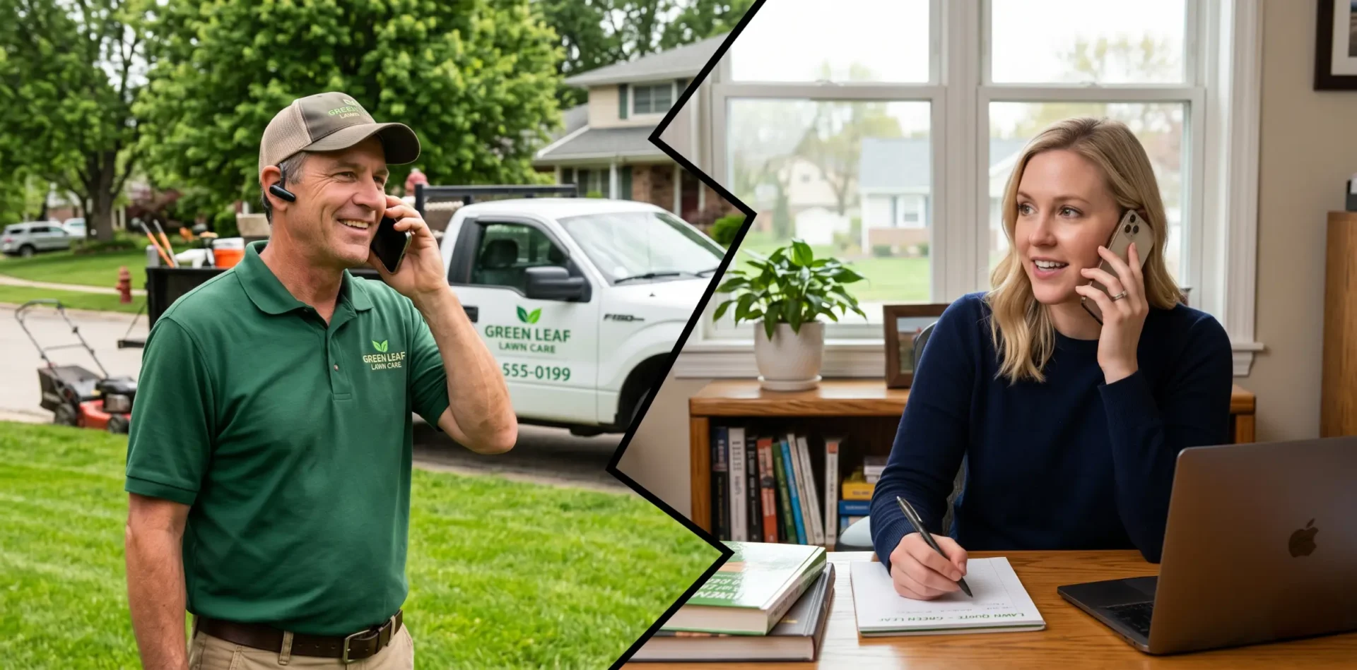 An image split into two with a jagged line On one side I want a lawn care business owner, and on the other side a potential customer. They are on a phone call together