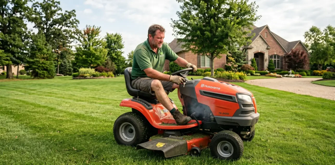 A lawn guy who is trying to start a ride-on lawn mower