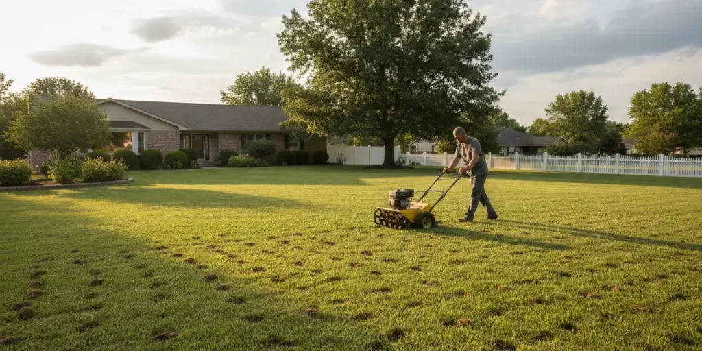 a man aerating his lawn
