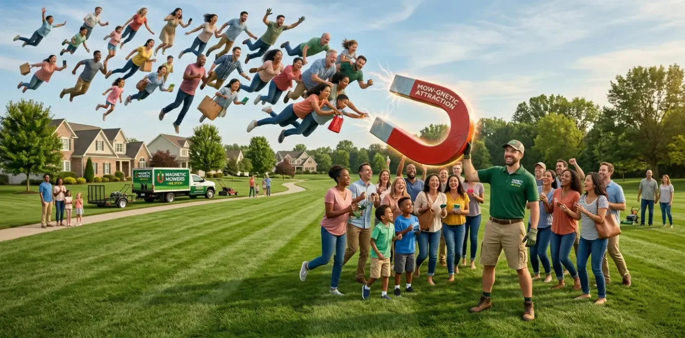 A lawn guy with a large magnet attracting customers (1)