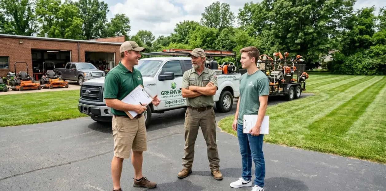 a lawn care guy standing with two prospective employees One is a lawn veteran, and the other is brand new to the game.