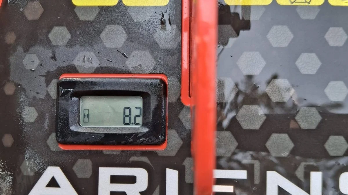 Hour meter reading 8.2 hours on a commercial mower