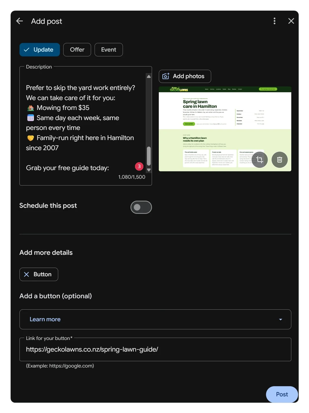 Google Business Profile Add post screen for a lawn care business, showing an update offering mowing from $35 with a Learn more button linking to a free spring lawn guide