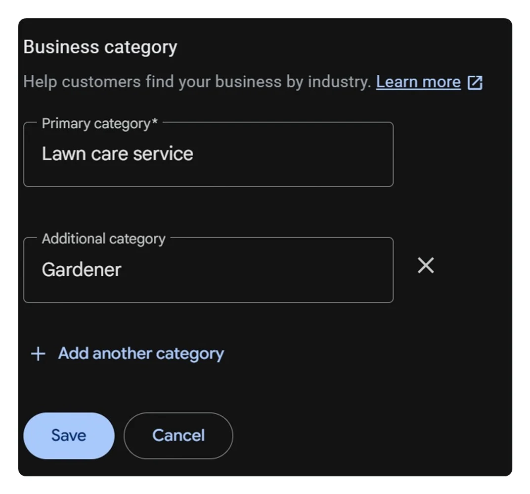 Google Business Profile category settings for a lawn care business, primary category set to Lawn care service with Gardener as an additional category