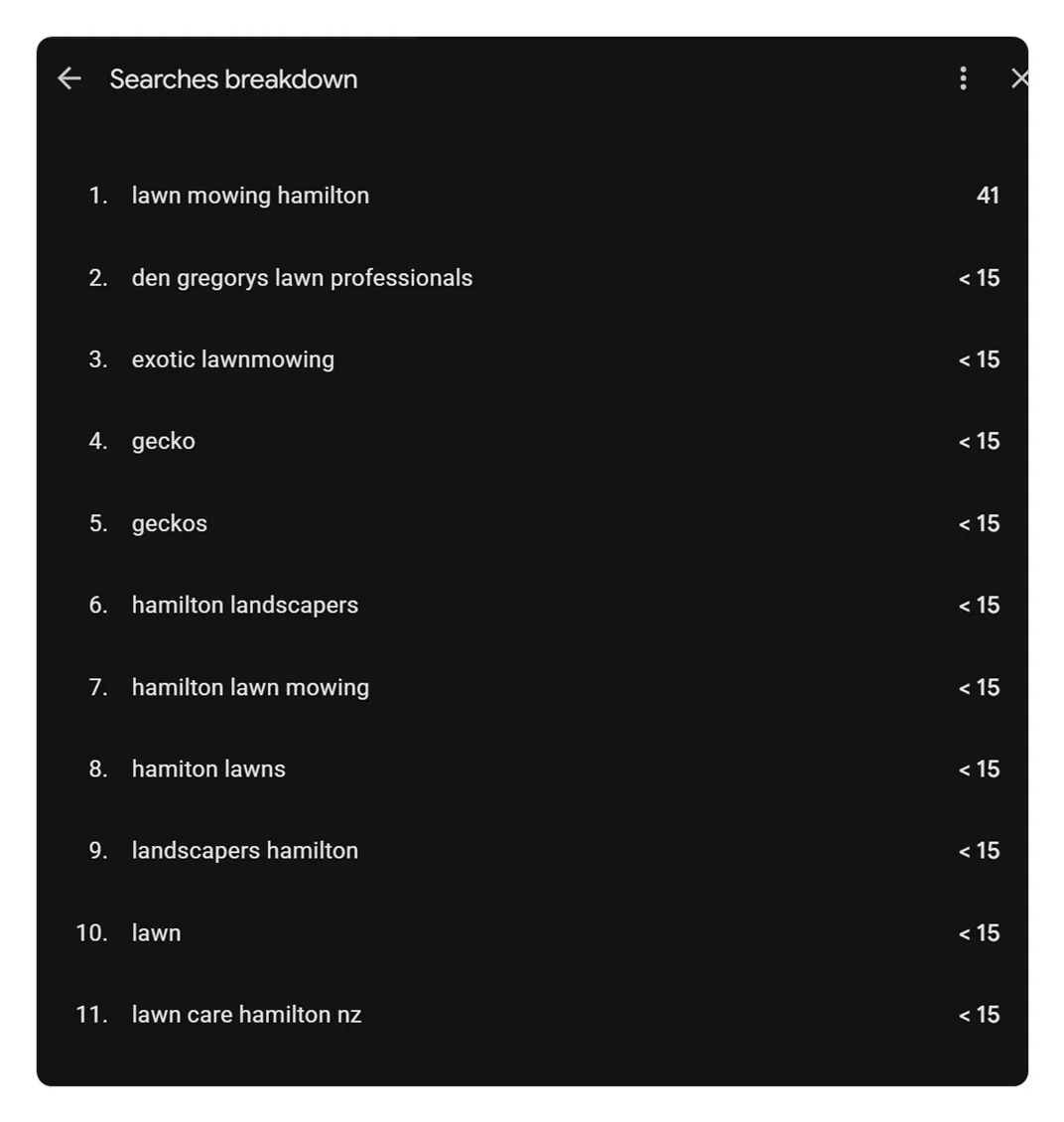 Google Business Profile Searches breakdown for a lawn care business showing lawn mowing hamilton as the top search term with 41 searches
