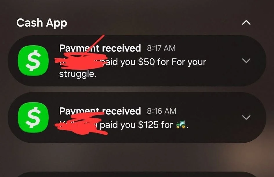 Phone screen showing two lawn care customer payments received