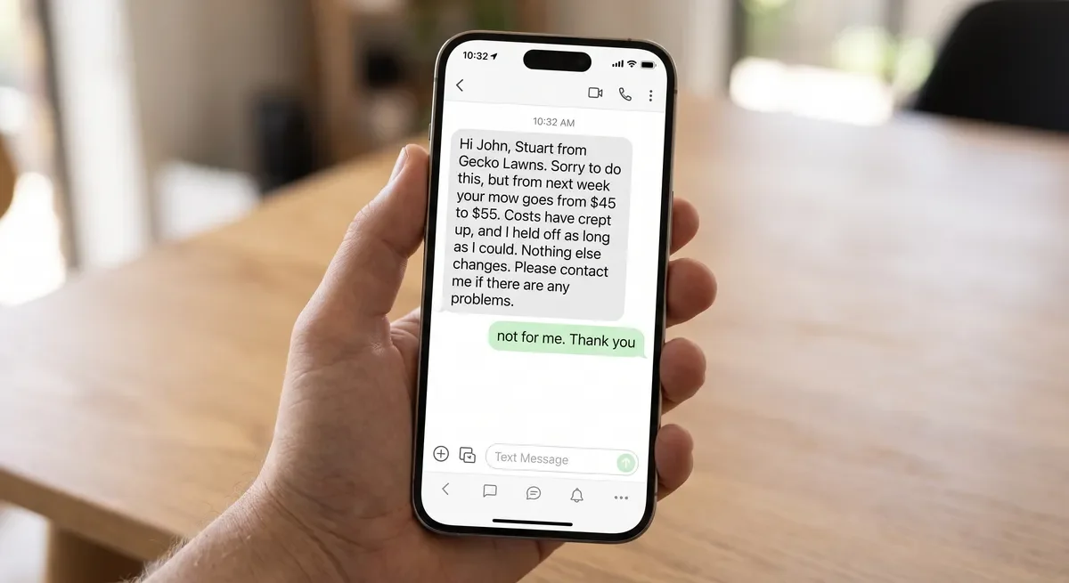 Customer replying no to a lawn care price increase letter sent by text