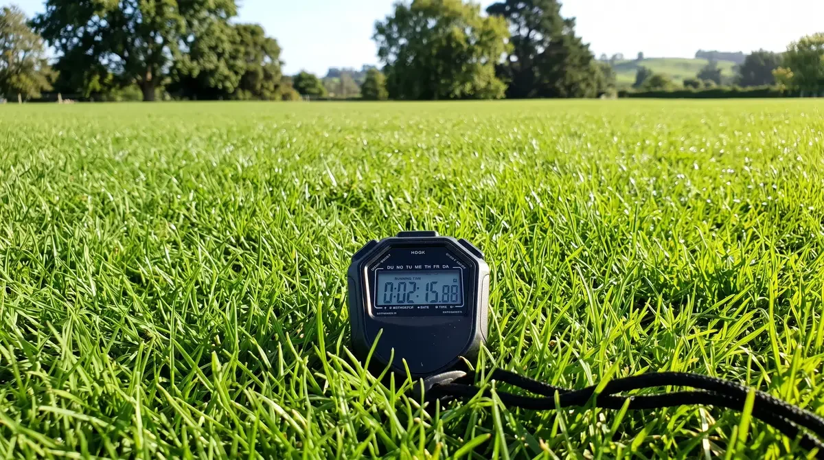 Stopwatch lying in cut grass, used to time a lawn mowing job before setting a price