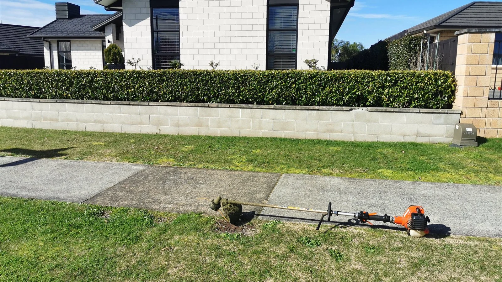 Freshly mowed and edged front lawn with the line trimmer on the footpath, the moment to ask a lawn care customer for a Google review