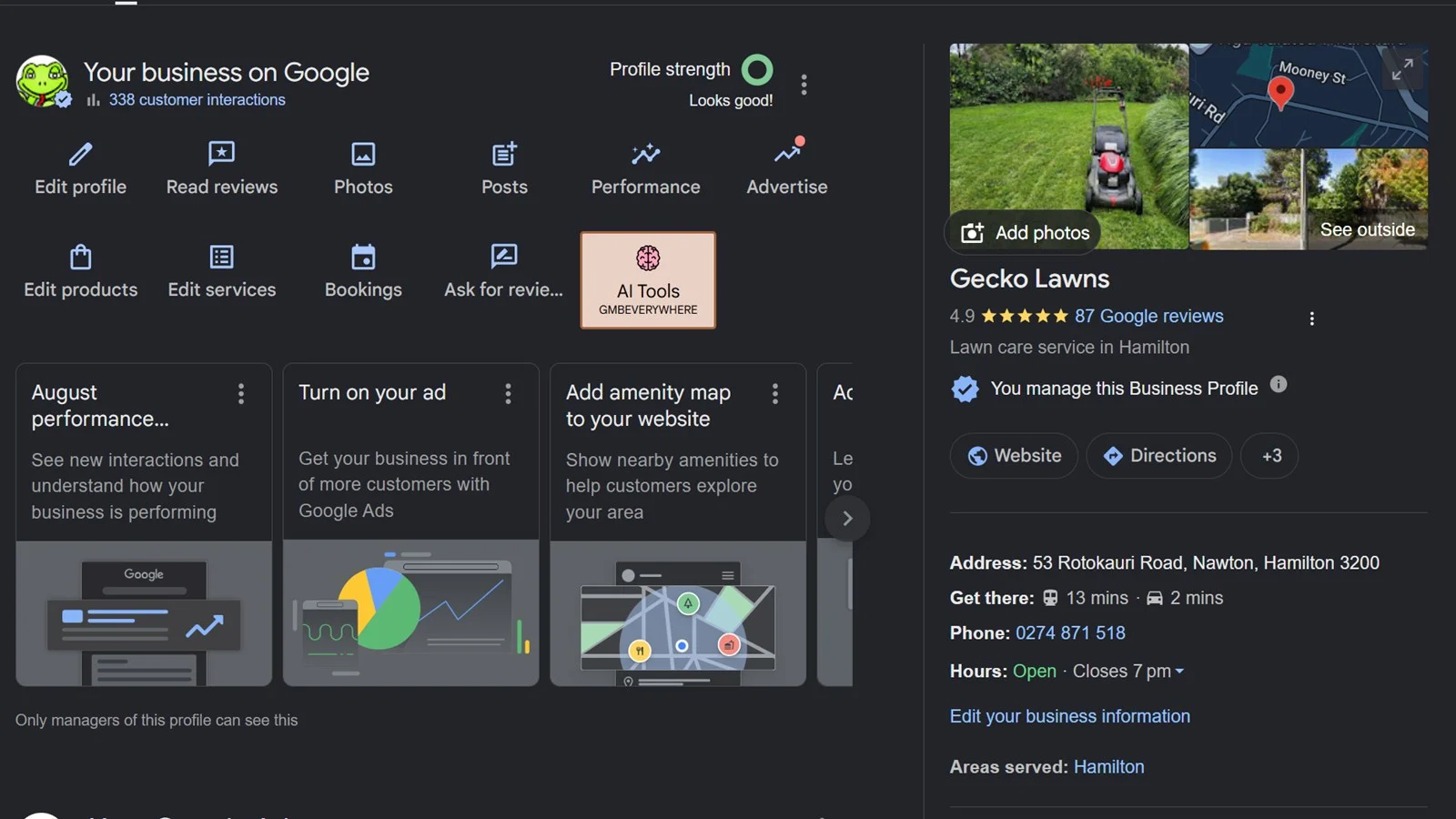 Gecko Lawns Google Business Profile owner view showing 4.9 stars from 87 Google reviews for lawn care in Hamilton