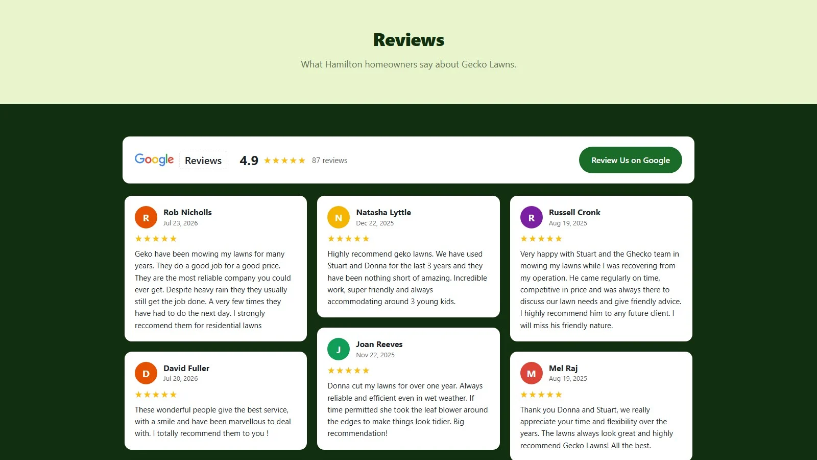 Reviews page on the Gecko Lawns website showing the Google rating of 4.9 from 87 reviews and customer review cards