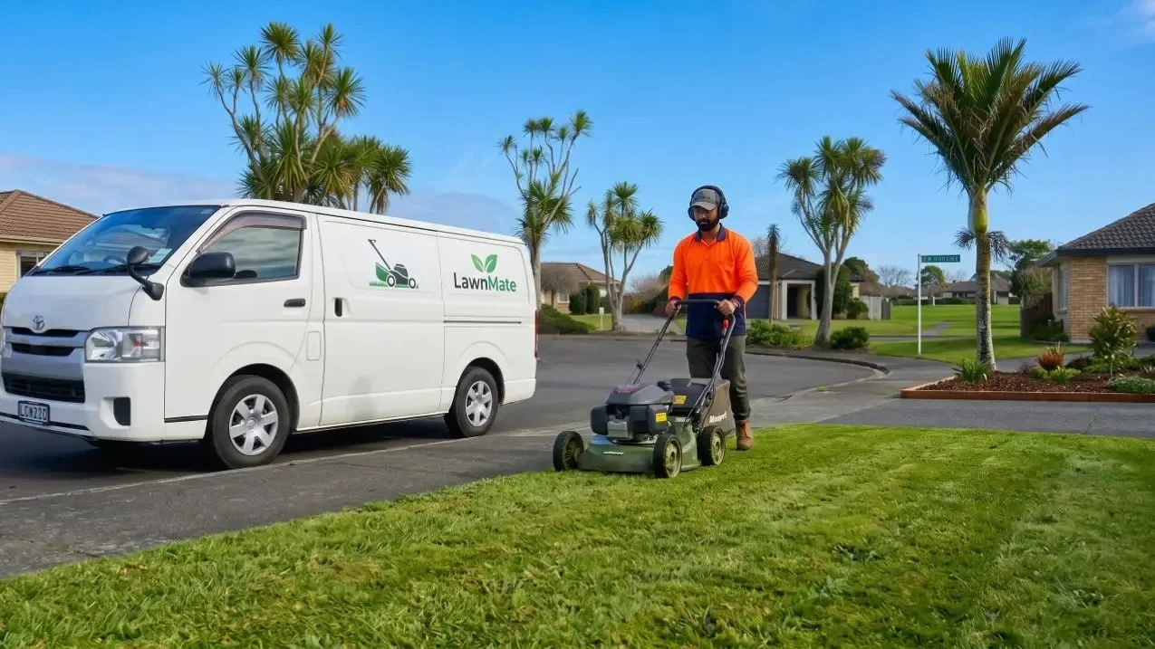 Operator mowing a front lawn with his signwritten van parked at the kerb, a regular customer won by text