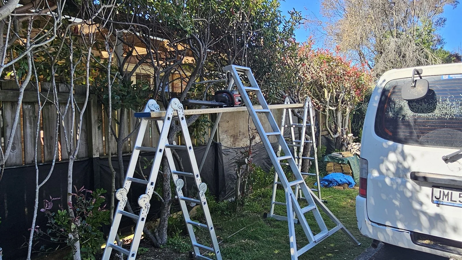 Ladders, a chainsaw and a van at a hedge and tree pruning job, the kind of work customers ring a lawn mowing business about